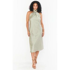 NWT Show Me Your Mumu Jasmine Halter Midi Dress Moss Green Luxe Satin L